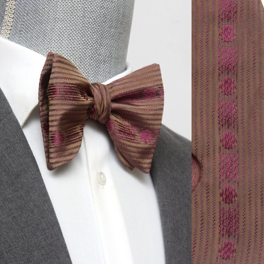 Men's Self tied Bow Tie Big Butterfly Bow tie S607 Brown‎ /Fuchsia Polka Dot